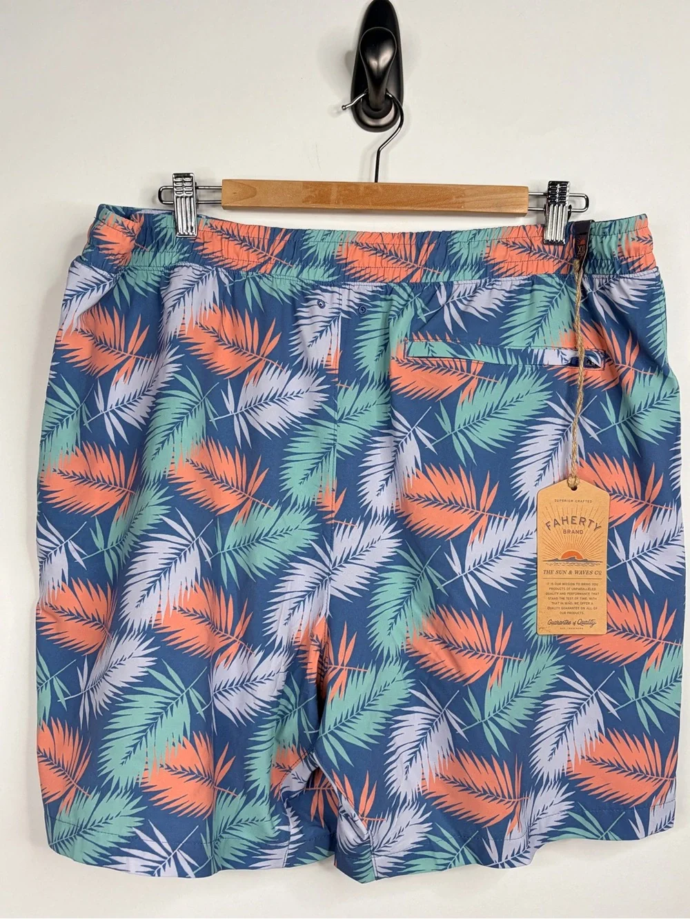 Faherty Navy Swim Shorts with Coral & Mint Leaf Print